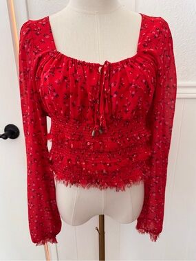 Free People Red Floral Smocked Square-Neck Blouse